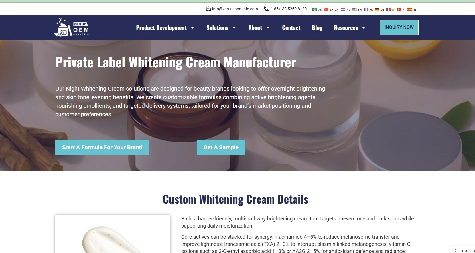Private label whitening cream manufacturer webpage showcasing customizable skincare solutions with product imagery and text about their services.